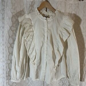 A New Day White Flutter Sleeve Ruffle Polka Dot Print Blouse Long Slv Sz L